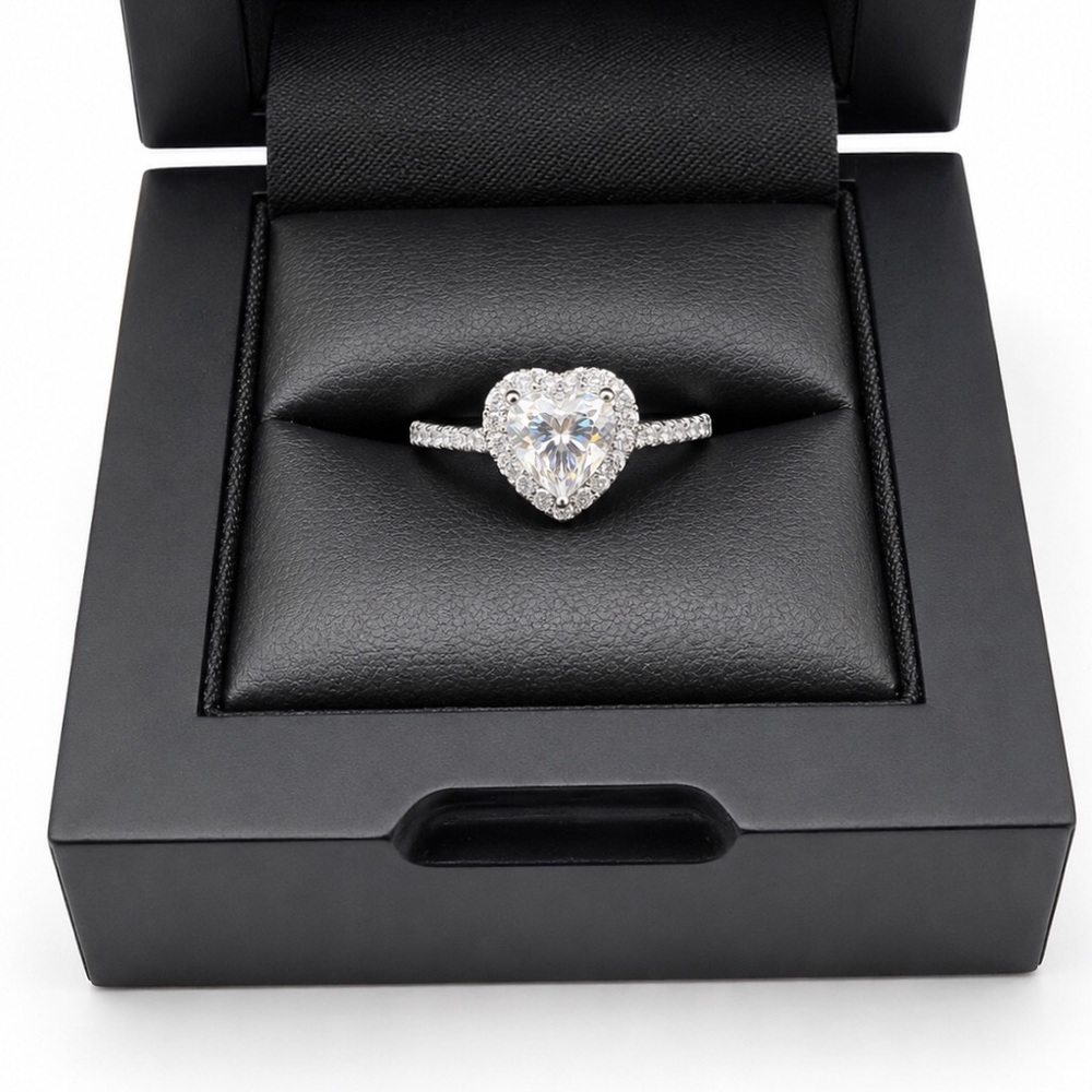 925 Sterling Silver Heart Halo Engagement Ring 2.00CT MOISSANITE
